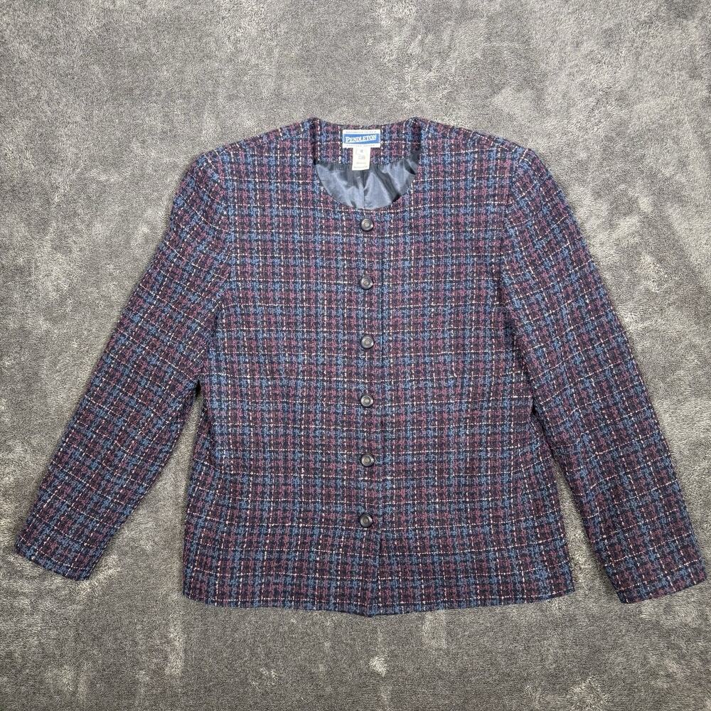 Pendleton Womens Wool Tweed Plaid Jacket Blazer USA Made Shoulder Pads Size 12